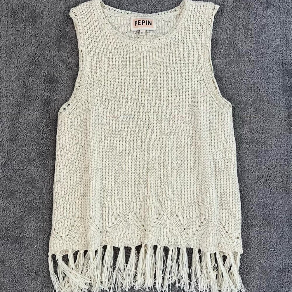 Anthropologie Peplin Boho Fringe Knit Tank Top - Ivory/Cream, Size Small